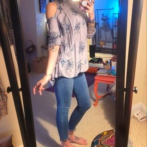 open shoulder-long sleeve ~ free people floral top ~ size s